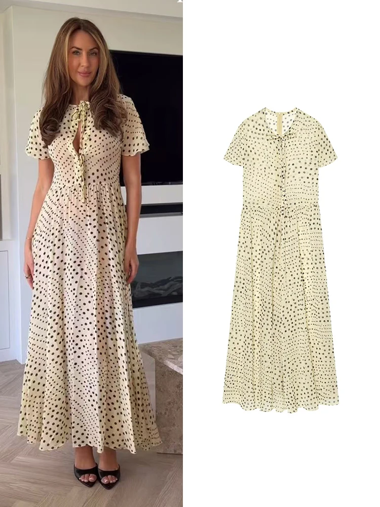Damen Polka Dot Langes Kleid mit Schleife Kurzarm Sommer Strand Urlaub Casual Neuheit 2026 Klassisches Gepunktetes Midi-Kleid