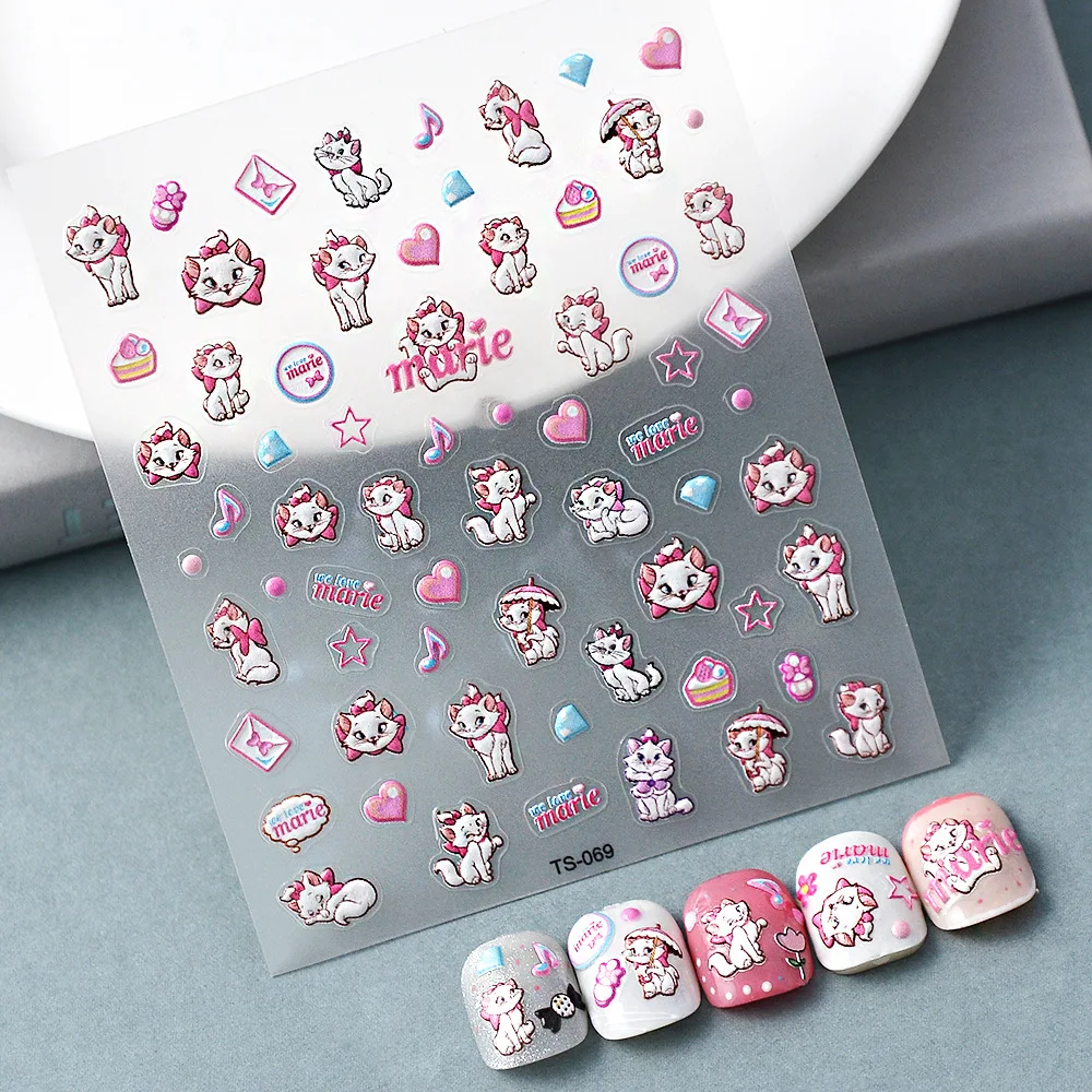 Pink Cat Cute Kawaii Nail Sticker Cartoon Cat Lover Stickers Self Adhesive Heart Star Diamond Nails Art Lively Y2K Nail Tips