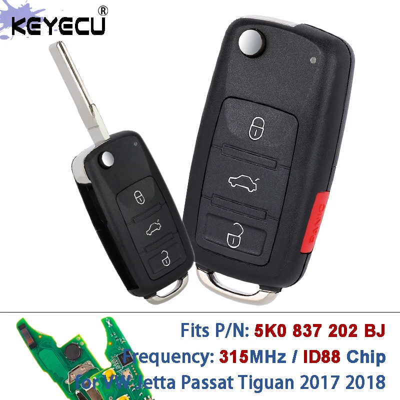 KEYECU 5K0 837 202 BJ NBGFS93N 315MHz Megamos AES ID88 رقاقة الذكية مفتاح بعيد فوب لشركة فولكس فاجن جيتا باسات تيجوان 2017 2018