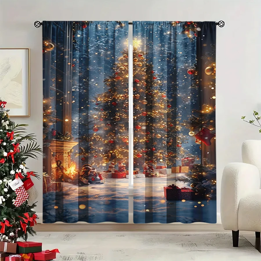 2PCS Christmas Winter Curtains, Blue Night Tree Gold Light Bokeh Gift Fire, Digital Print, Bedroom Living Room, Home Decor