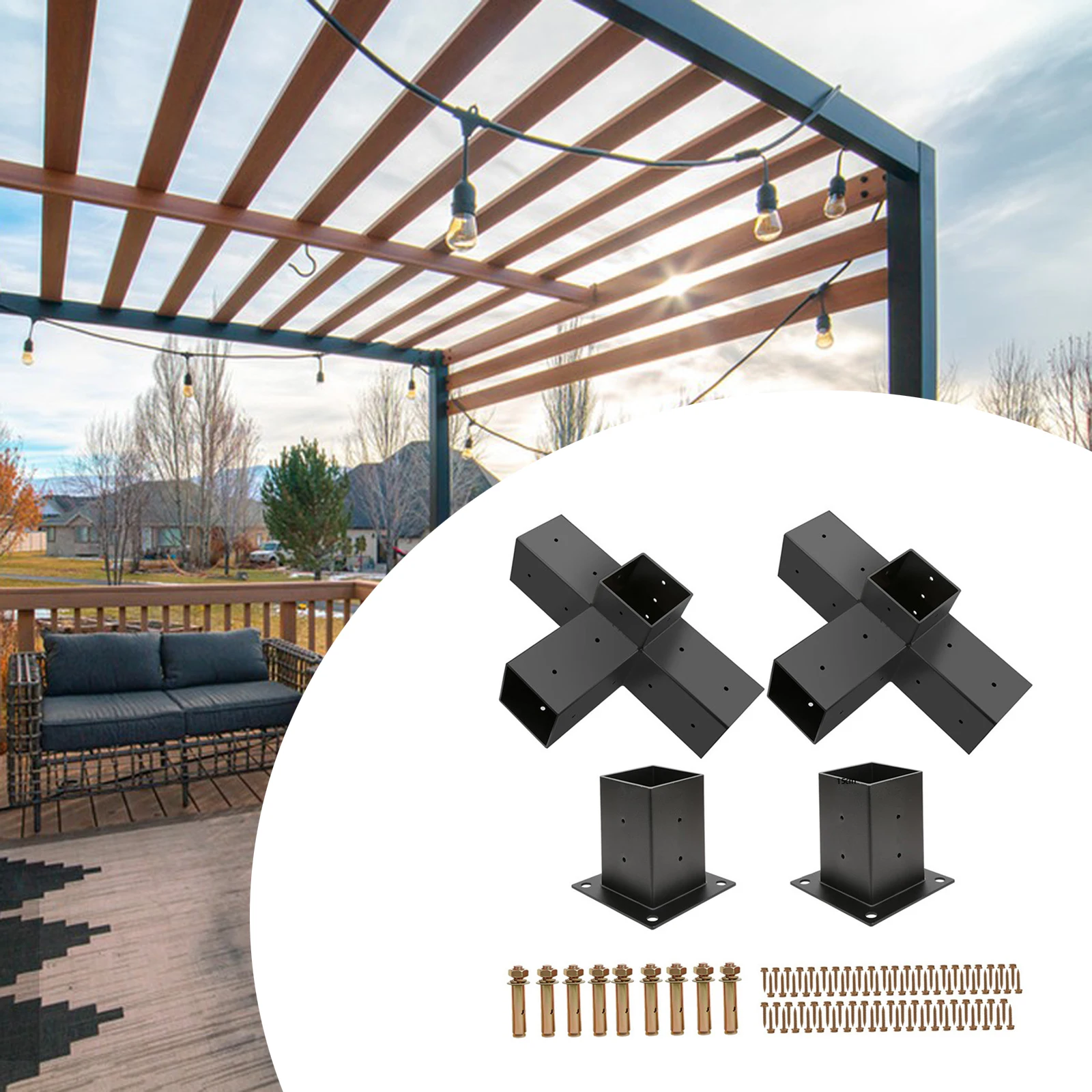 4 Way Right Angle Corner Brackets Post Base Lightweight DIY Pergola Kit for Gardens Shed Garden Furniture Gazebos Patio Pergolas