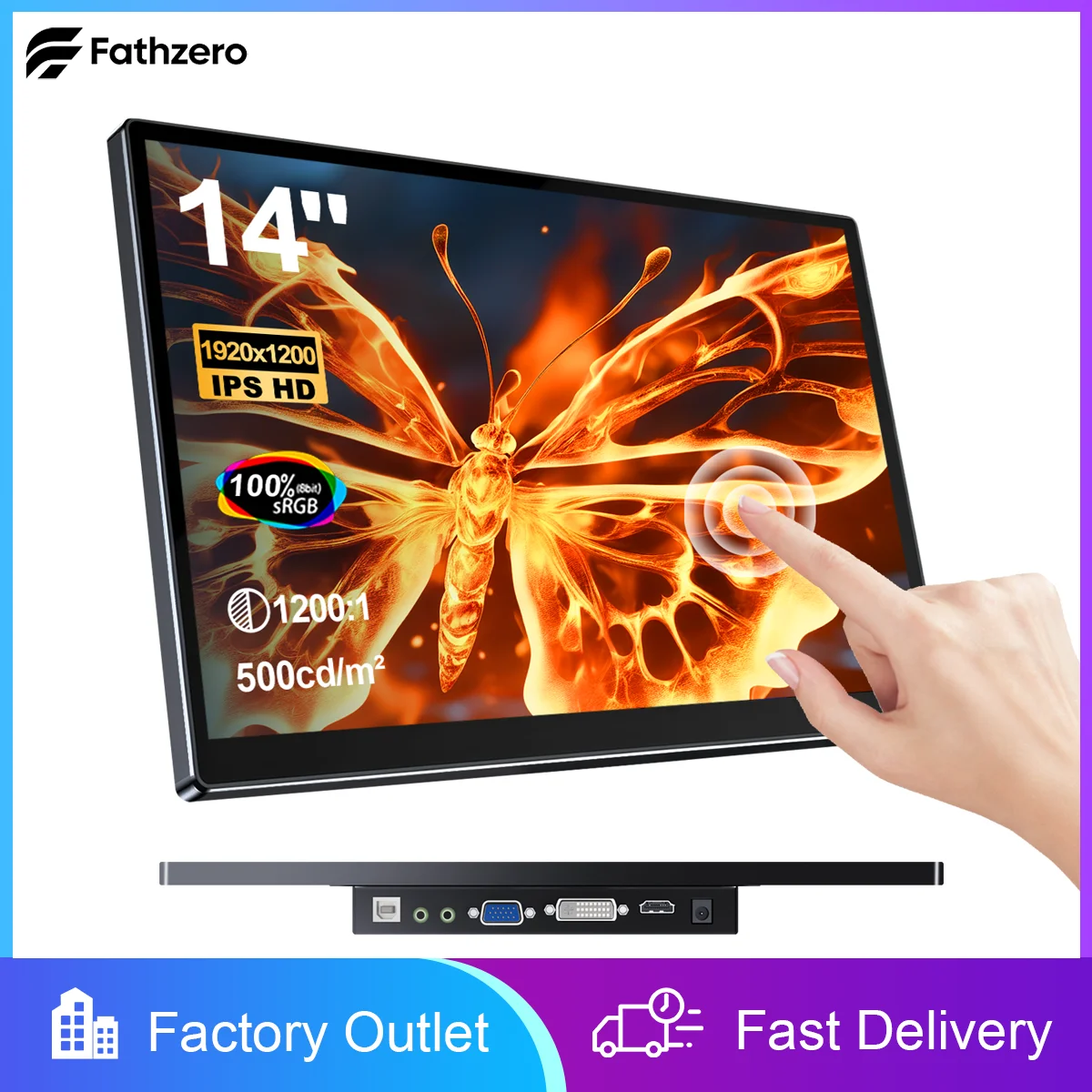 Monitor portátil de 14 polegadas com tela sensível ao toque FHD 1920x1200P VGA HDMI USB, compatível com VESA para PC, telefone, laptop e TV.