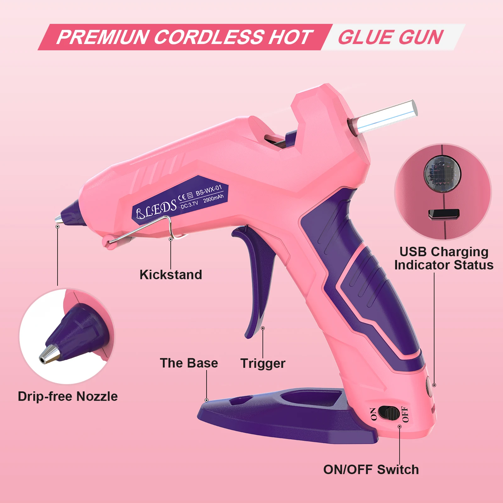 Pink Cordless Hot Glue Gun, 2900 mAH USB-C Rechargeable Wireless Glue Gun with 30 Pcs 7mm Glue Sticks, Tools for Craft DIY