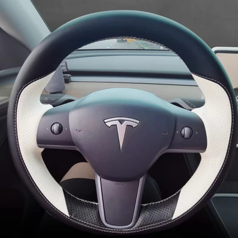 

For Tesla Model 3 Model Y 2017-2021 Hand-Stitched non-slip black White Genuine Leather Car Steering Wheel Cover