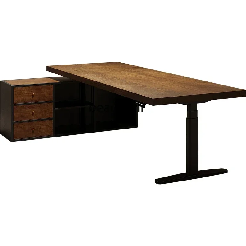 ss7486 Intelligent electric lift boss table standing office computer desk solid wood bench with side cabinet New Light Luxury