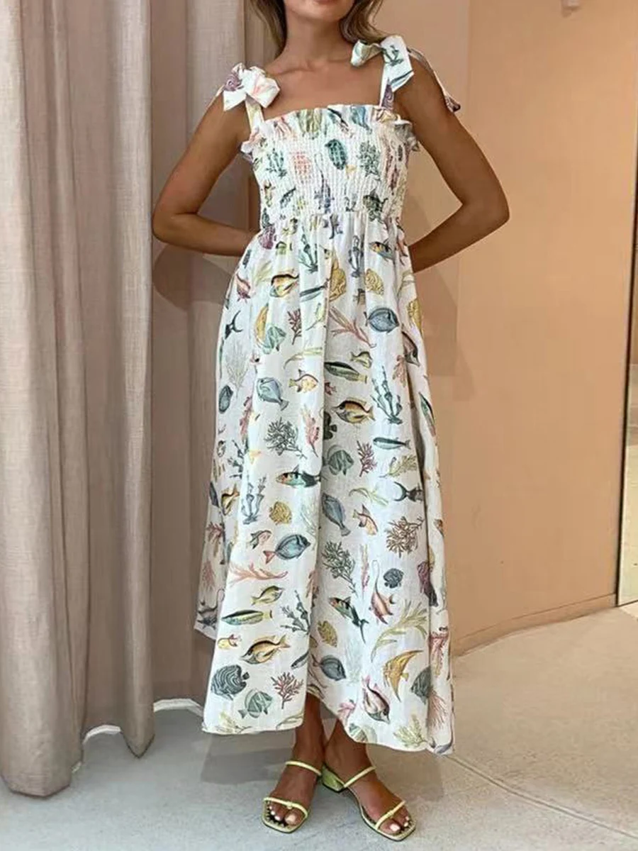 

Fashion Women's Long Cami Dress Summer Sleeveless Open Back Shirred Fish Print Beach Dresses Streetwear