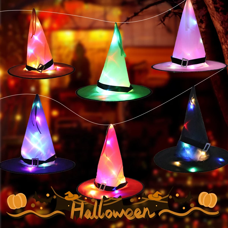 Halloween Hanging Lighted Witch Hat Halloween Decorations LED Glowing Witch Hat Outdoor Yard Garden Trees Party Ornament