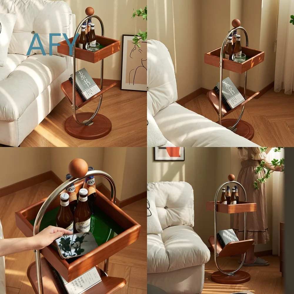 Nordic Retro Solid Wood Side Table for Living Room with Storage Compartment Portable Minimalist Modern End Table for Small