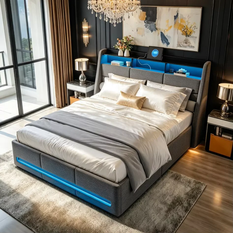 Rosahqnda, struttura letto imbottita con vano contenitore e luci a LED, letto matrimoniale 140/160x200 cm con meccanismo a gas idraulico, testiera con vano contenitore, presa USB per la ricarica.