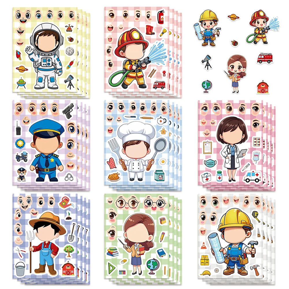8/16 fogli Divertenti cartoni animati Occupazione Puzzle adesivi Crea un viso Telefono portatile fai da te Assemblare Jigsaw Education Decorazione adesivo