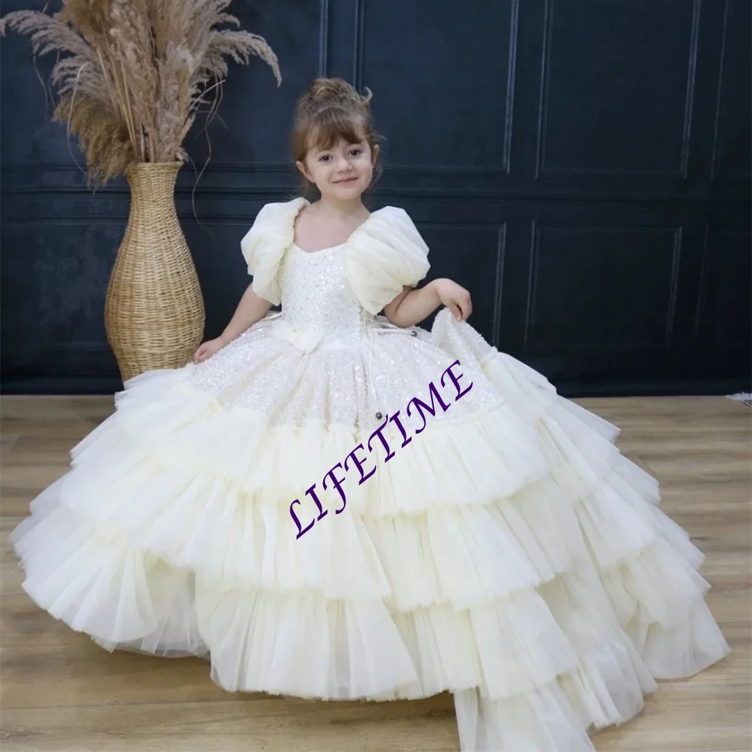 

CustomizedLuxury Sequined Princess Puff Short Sleeve A Line Wedding Flower Girl Dress Long Ball First Communion Dress Customized