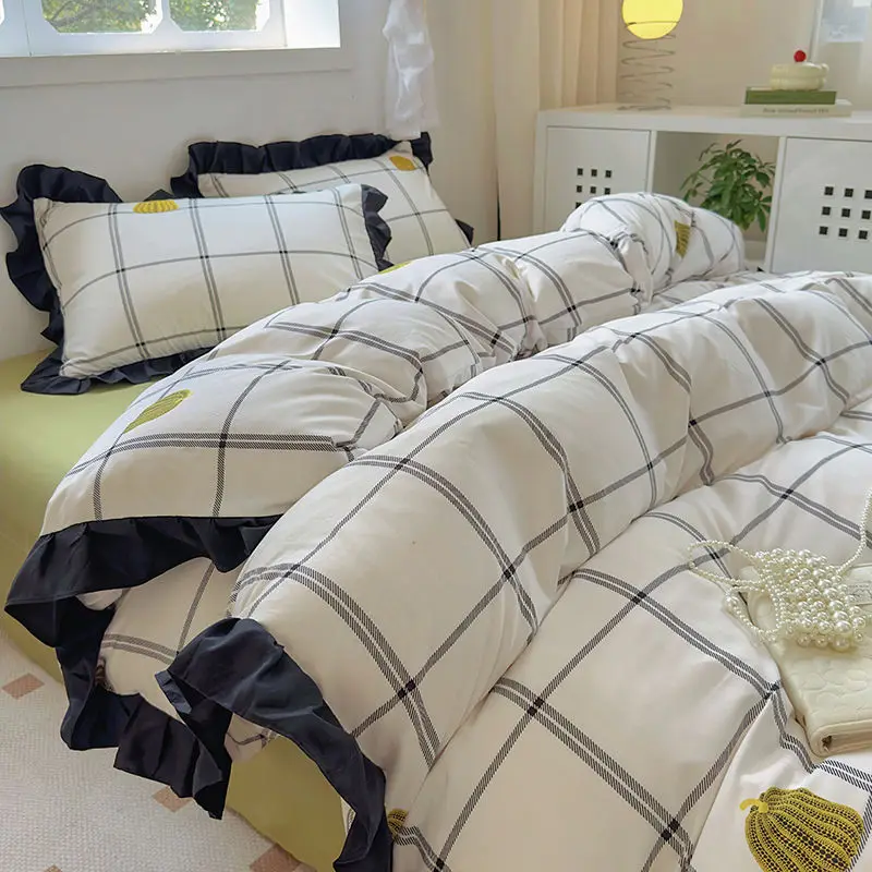 White Black Grid Lattice Bedding Set Floral Ruffle Duvet Cover Washed Cotton Bed Linen Flat Sheet Pillowcases Girl Home textiles