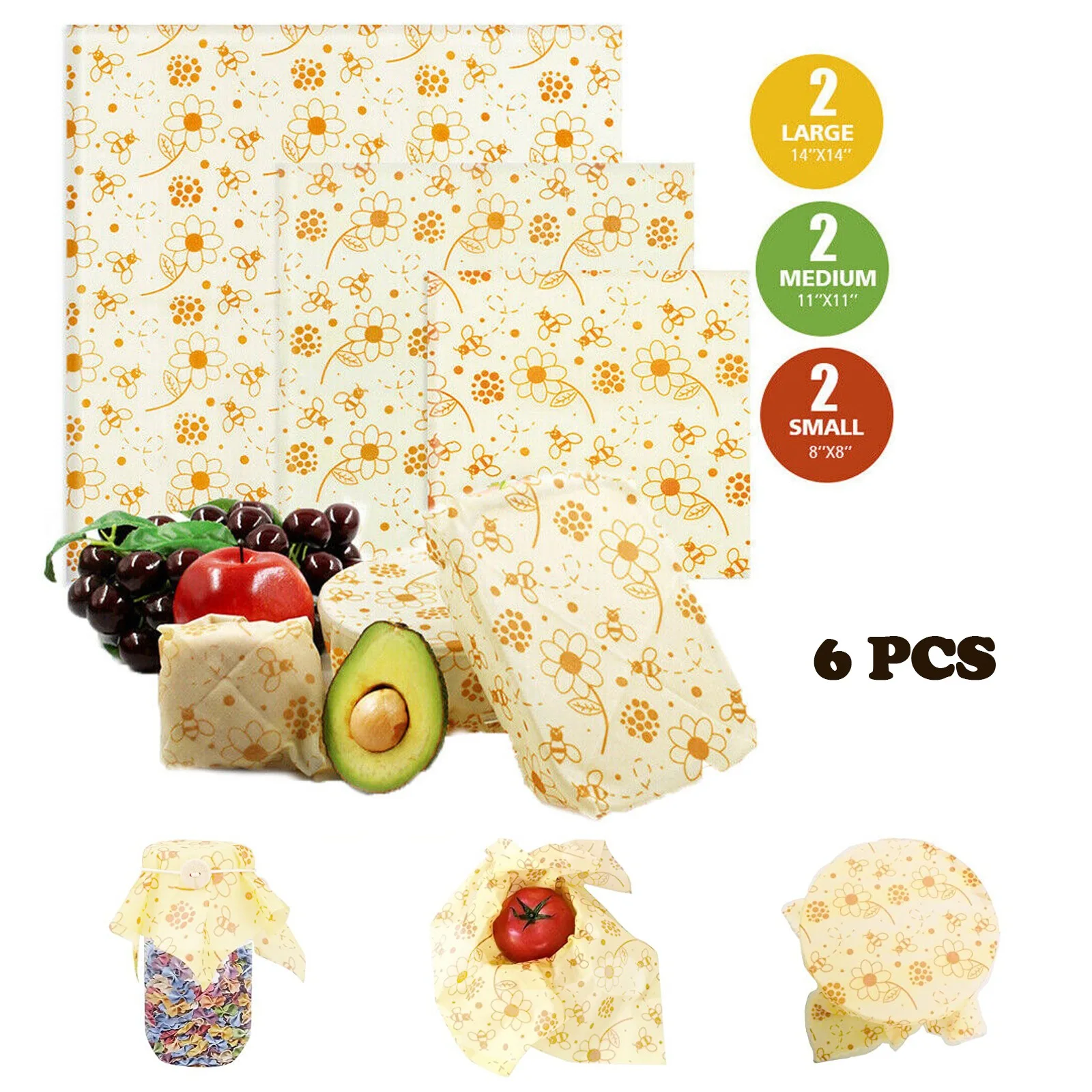 6pcs beeswax food packaging, easy to clean and recyclable, with three sizes of packaging paper for vegetables, fruits, and bento