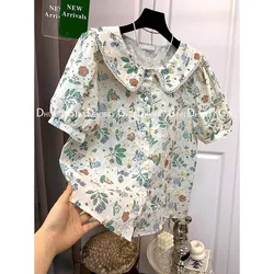 Retro Doll Collar Flower Shirt Women Fashion 2023 Casual Short Sleeve Women's Blouse Top