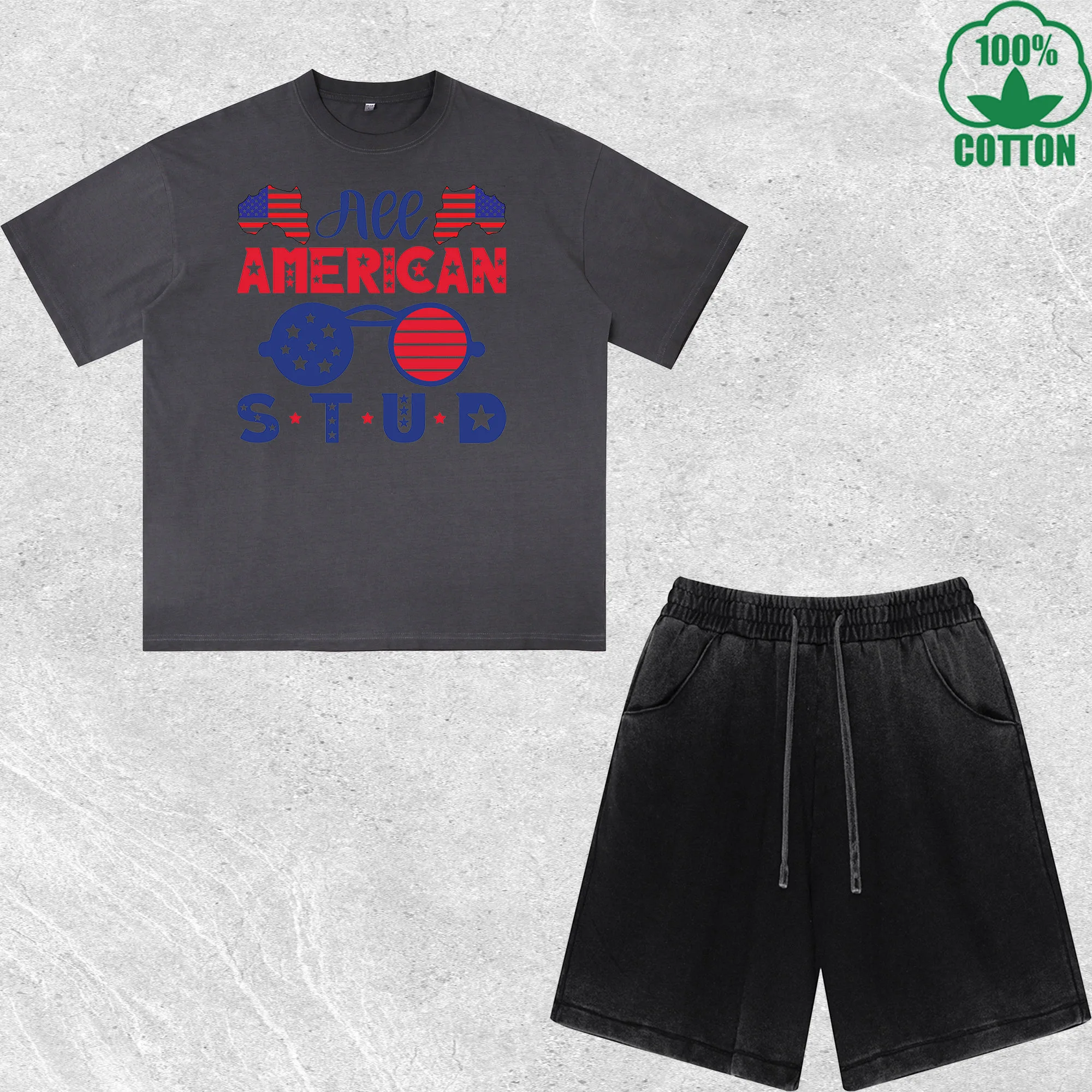 

Aee Erican Stud Printed Dirty Wash T-Shirt Shorts Set Multicolor Combo Loose Trendy 100%Cotton
