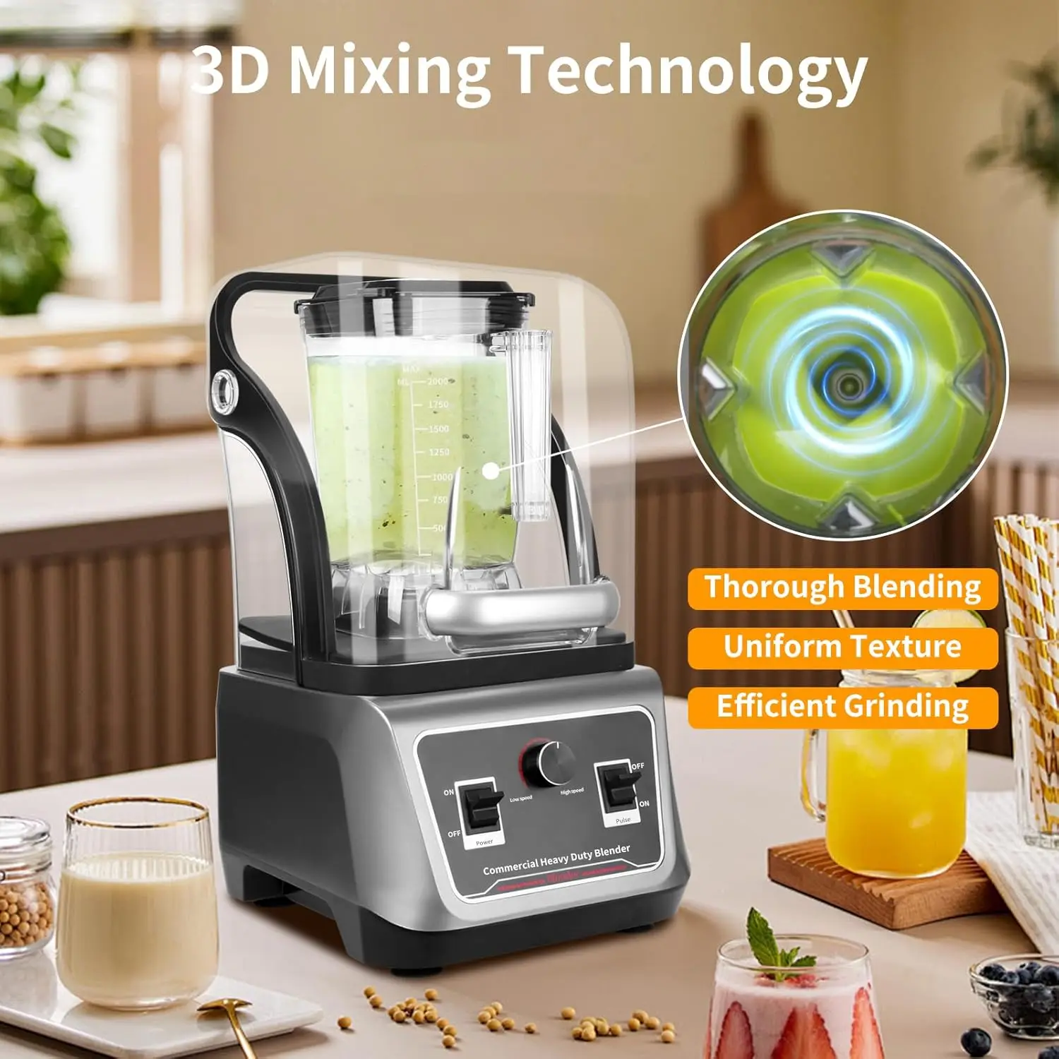 خلاط تجاري مع درع عازل للصوت، خلاطات احترافية هادئة سعة 70 أونصة، خلاط عالي التحمل مع احترافي قوي وهادئ