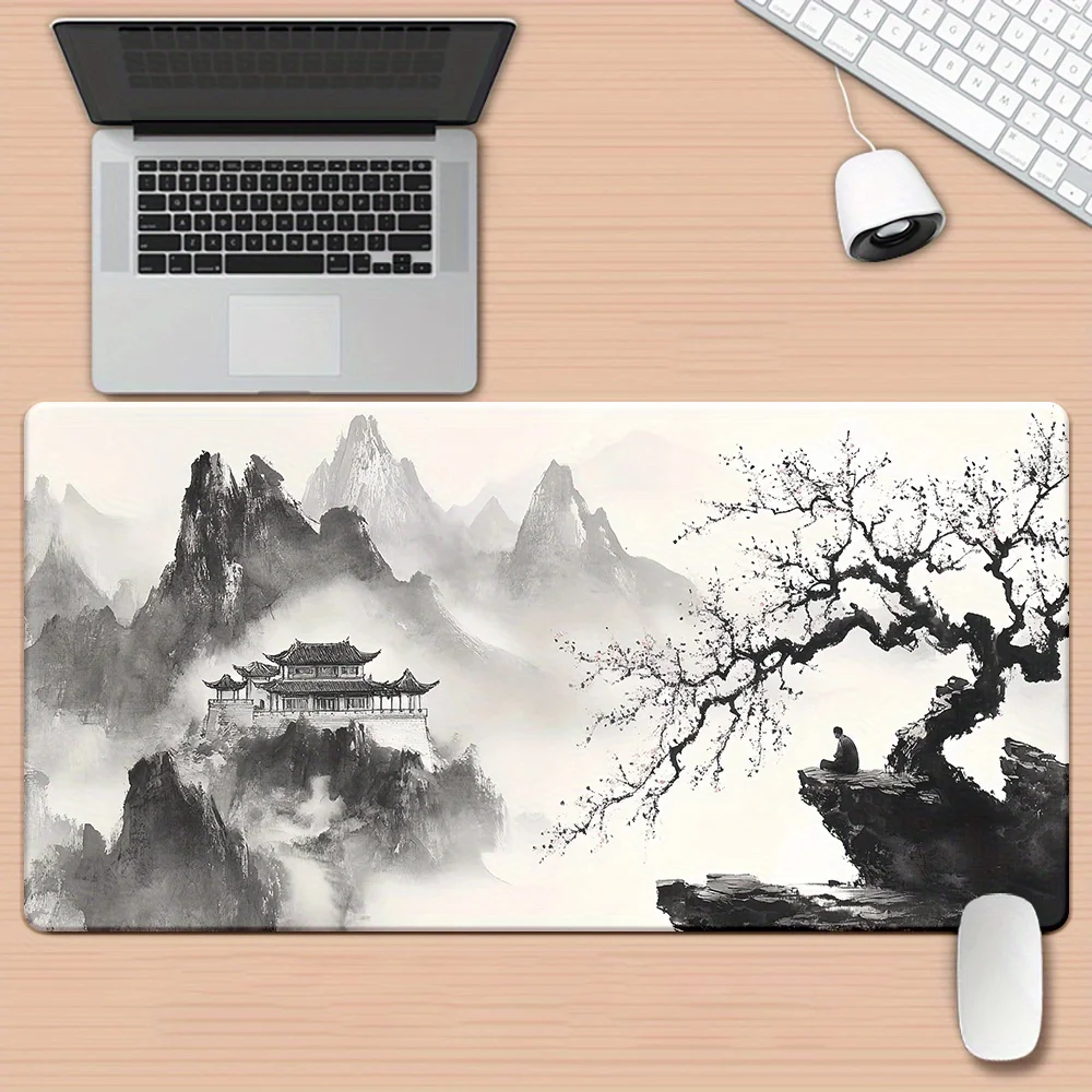 

1 шт. Черно-белый коврик для мыши с HD-печатью в стиле традиционной китайской живописи - большой игровой коврик для стола с изображением традиционного китайского пейзажа