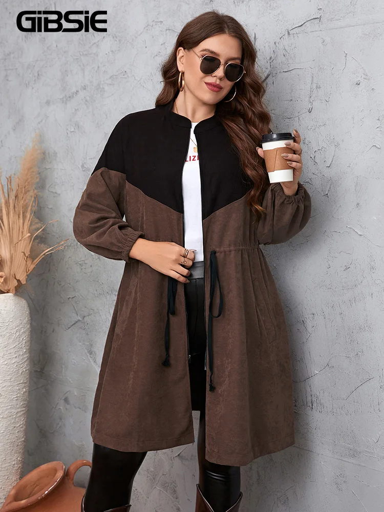 

GIBSIE Plus Size Stand Collar Colorblock Corduroy Jacket Women Autumn Casual Drawstring Waist Zip Up Coat Female Outwear 2022