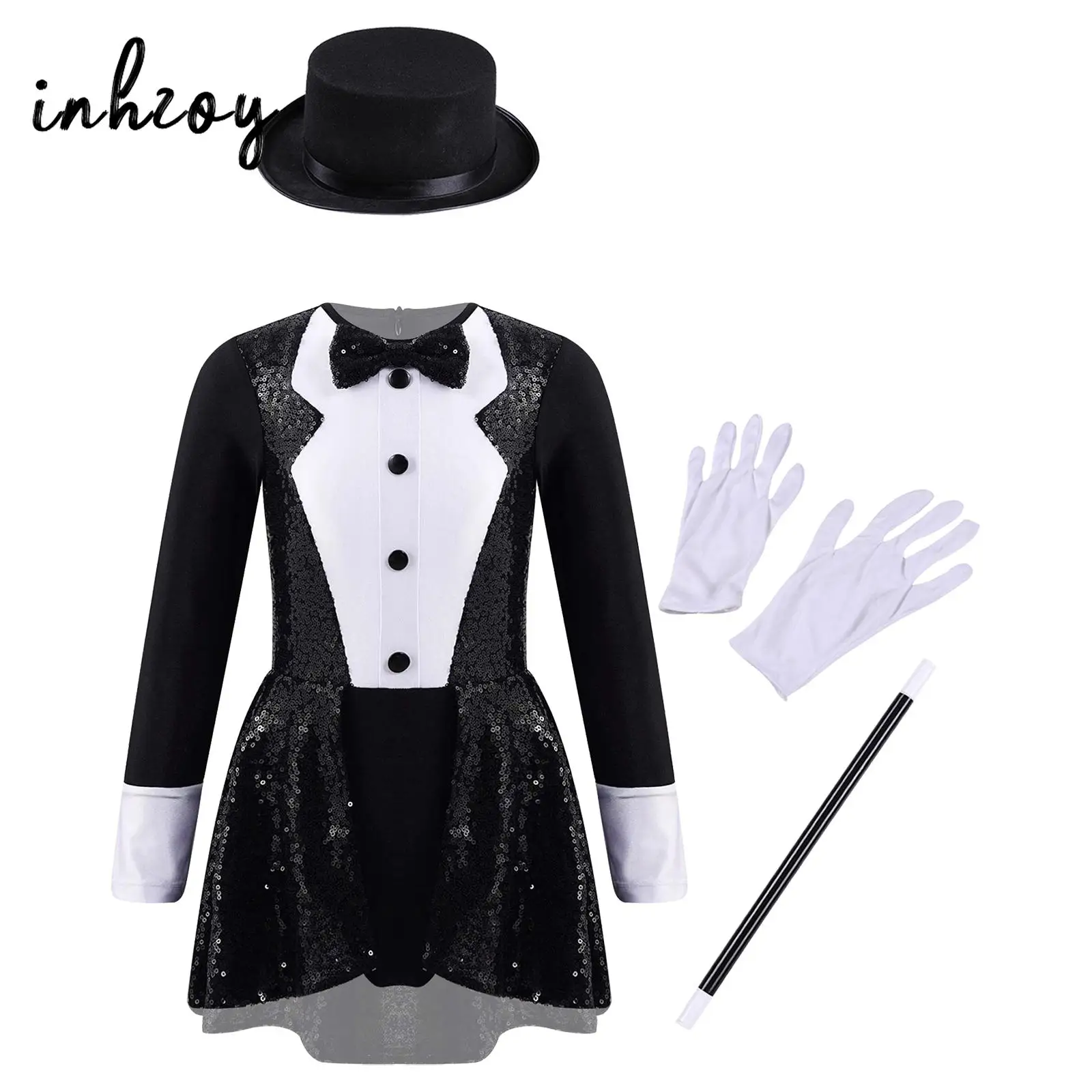 Girls Magician Costume Long Sleeve Bow Tie Sequin Magic Performance Leotard with Hat Magic Wand Gloves Halloween Fancy Dress Up