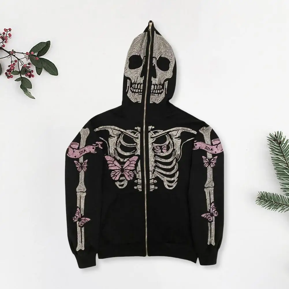 

Unisex Hoodie Rhinestone Ghost Skeleton Halloween Hoodie with Zipper Closure Pockets for Unisex Party Cosplay Costume Fall