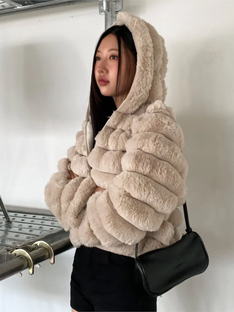 Autumn Winter Faux Fur Coat Women Fashion Hooded Ladies Furry Jacket Korean Style Long Sleeve Woman Fake Fur Coats