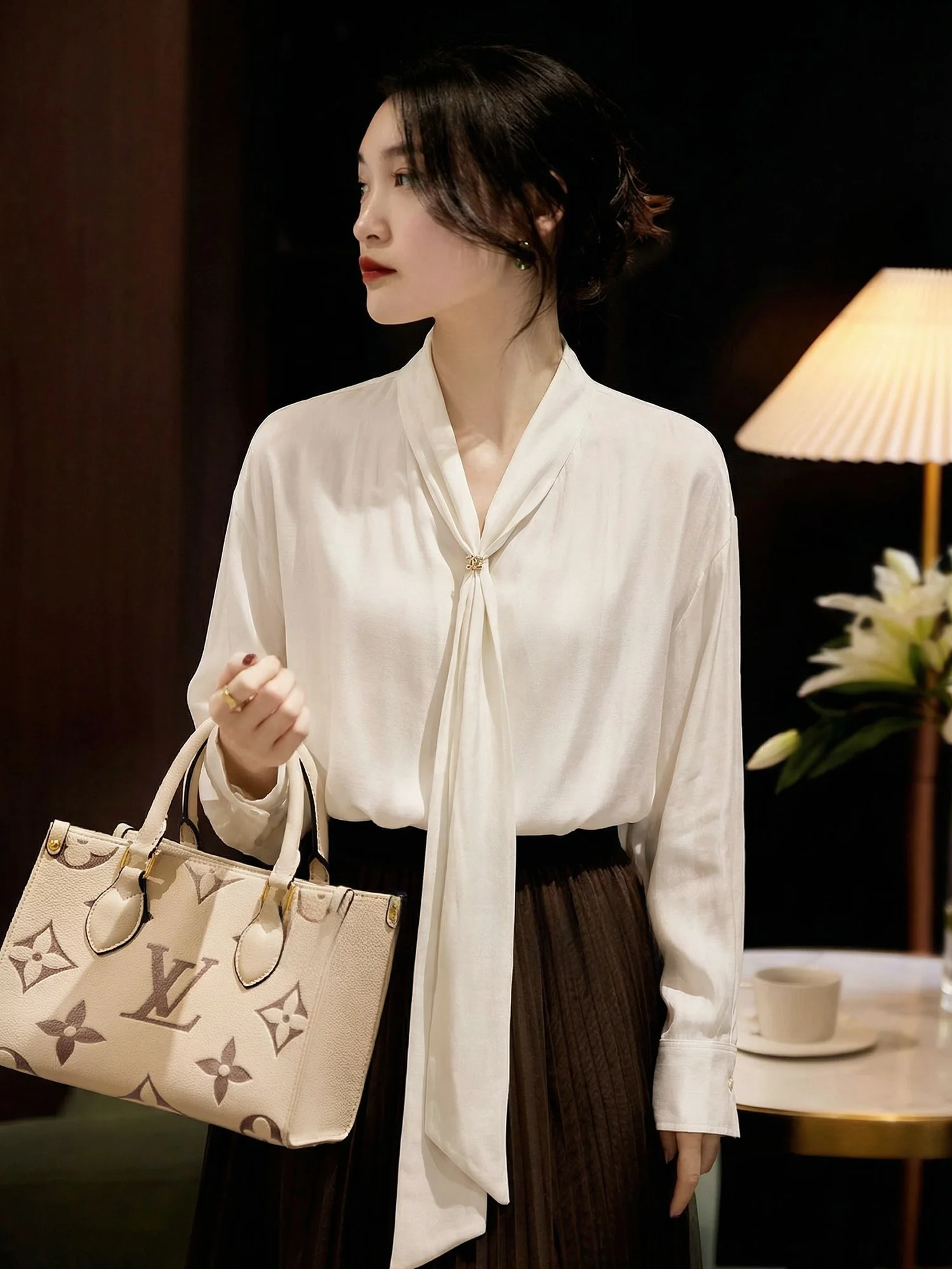 

Ele V-Ne Cotton irt Women's Loose Sle Spring New Arrival Chivirin Premium Wool Blend Breathable Long Sve irt