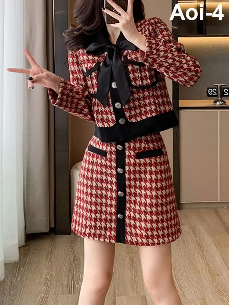 Fashion Contrast Color Plaid Suit Women 2023 Autumn Winter Bow Single-Breasted Long Sleeve Short Coat+A-Line Skirt Two-Piece Set