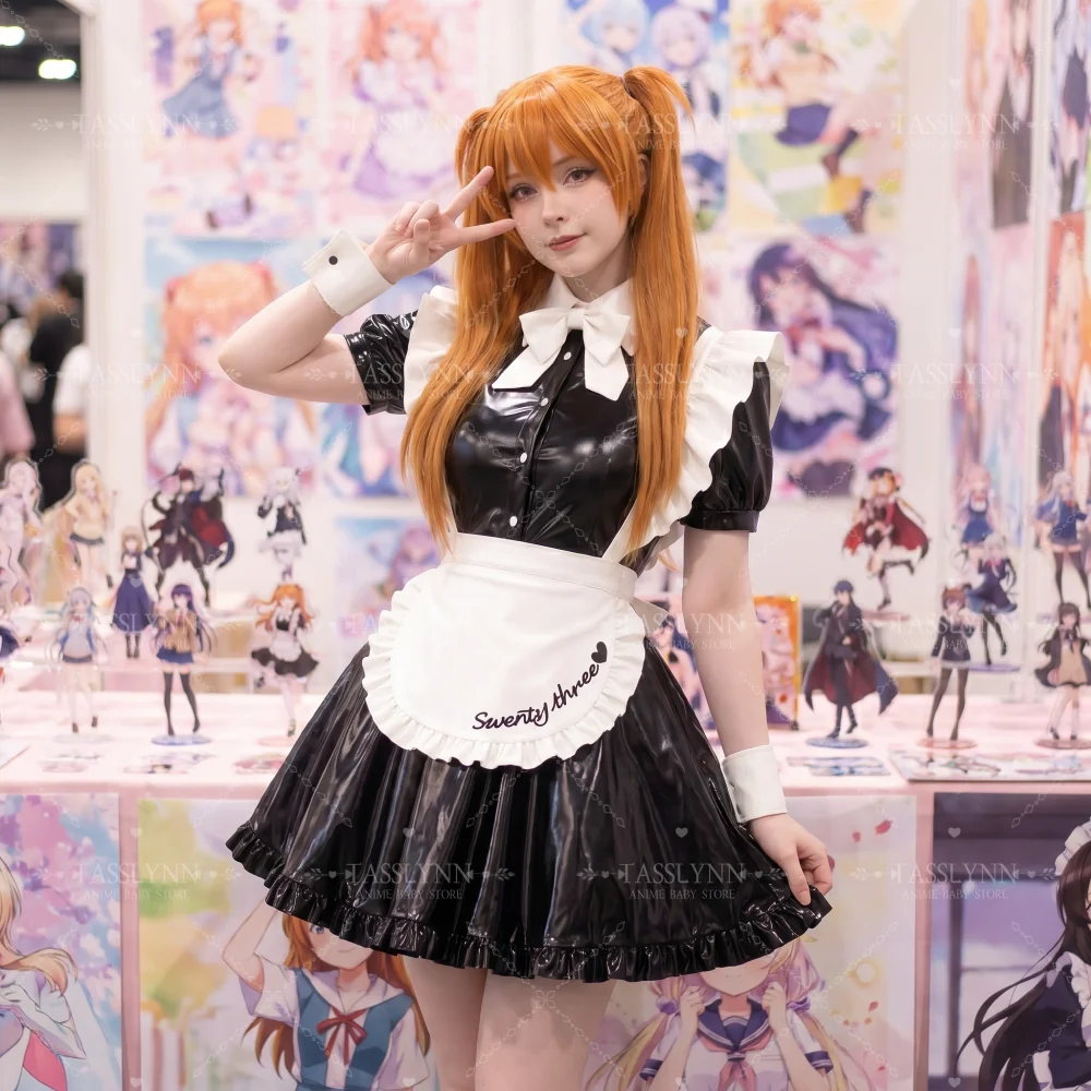 

Women's Asuka Langley Soryu Cosplay Outfit, Shiny Patent Leather Maid Dress, Asuka Anime Role Play Costume Asuka Maid Cosplay