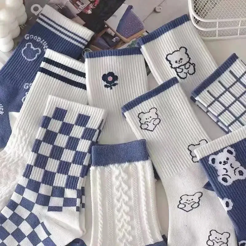 Women's Socks Warm Socks In Autumn and Winter Blue Socks Students High-top Striped Checkered Sports Stockings