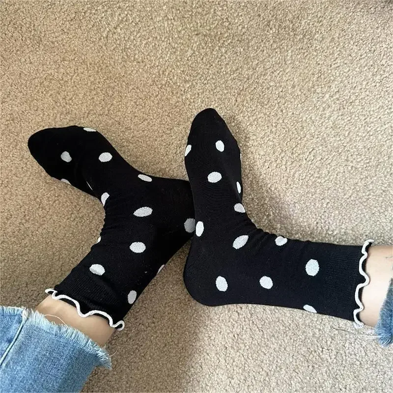 Ruffle Socks Women Polka Dot Lolita Sweet Girls Kawaii Cute Long Socks Korean Style Harajuku Retro Streetwear Middle Tube Socks