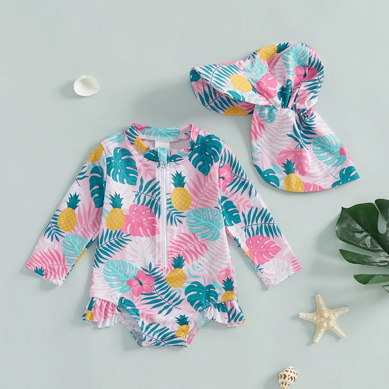 Toddler Girl Rash Guard Swimsuit Tropical Plants Print Long Sleeve Zip Up Bathing Suit with Hat 2 Pcs Set