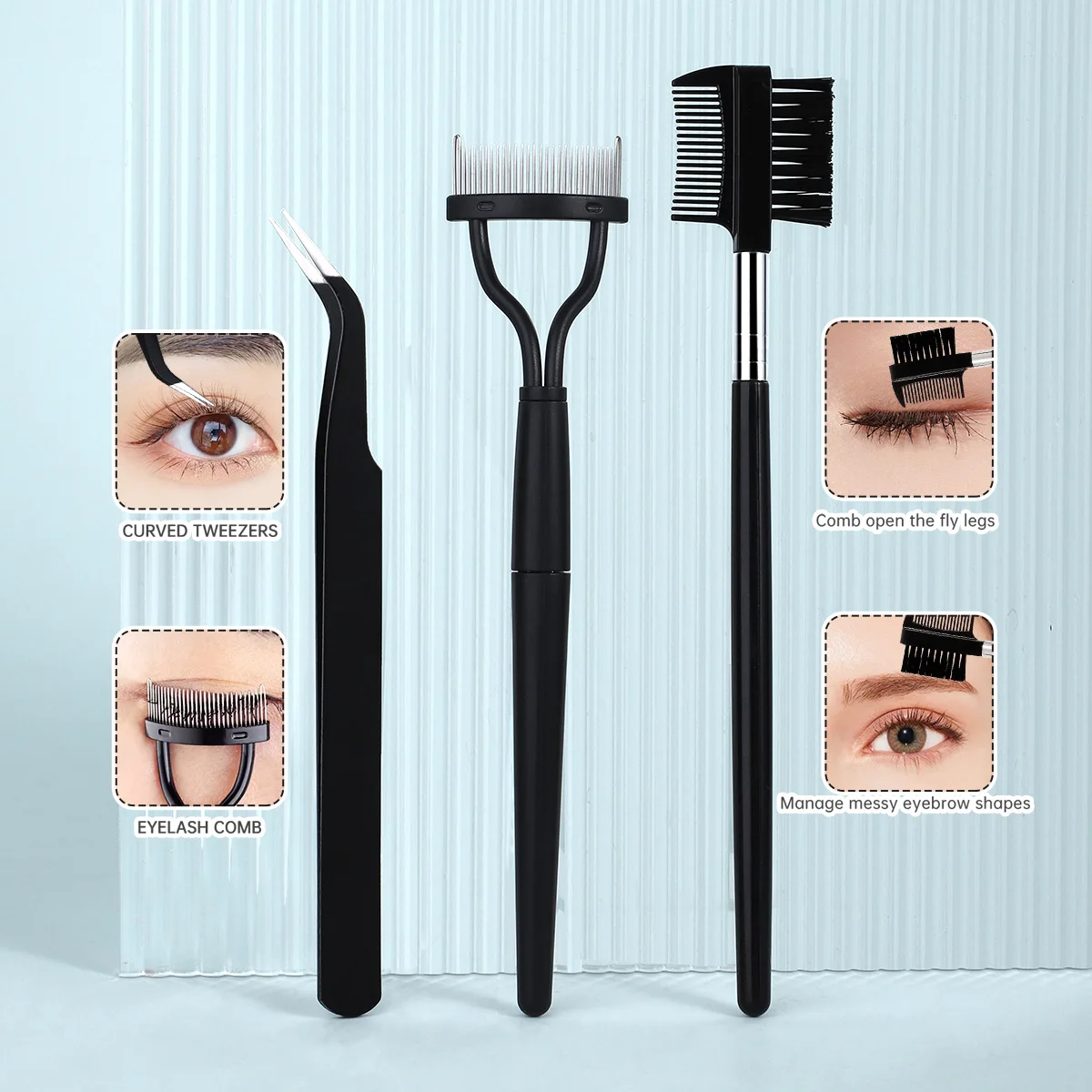 Pestañas con 5 almohadillas de silicona, 1 peine para cejas y pestañas de doble punta, 1 peine de acero para pestañas, 1 pinzas para pestañas y 3 peines en espiral