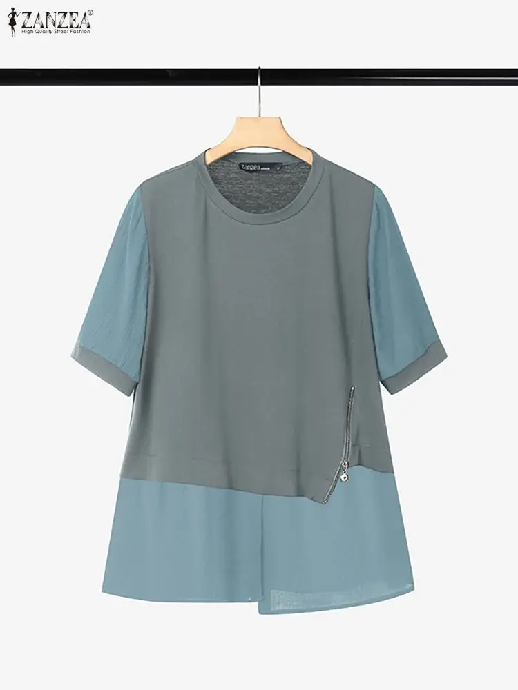 Stilvolle Sommer Bluse 2025, ZANZEA Frauen Patchwork Tops Casual O Hals Kurzarm Blusas Mode Arbeit Hemd Mujer Weibliche Chemise
