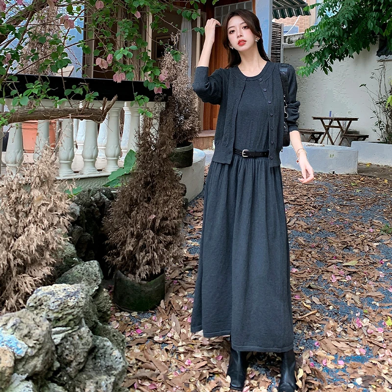 

Elegant Minimalist Knitted Two Pieces Suit Women Solid Color Lace-up Cardigan Long Sleeves Vest Knit Pleated Dress Sets
