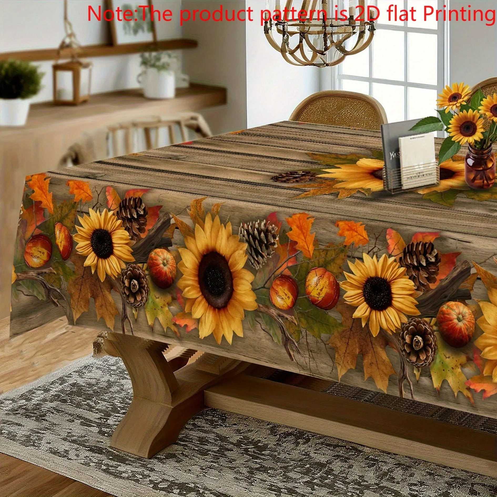 One vintage sunflower and pinecone tablecloth in a warm brown wood grain style, reminiscent of a rural farmhouse.xzj