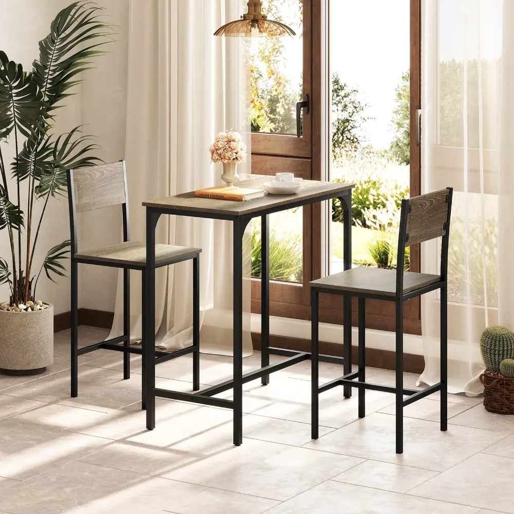 3 Piece Bar Table & Chair Set Kitchen Table w/ 2 Bar Stools for Small Space