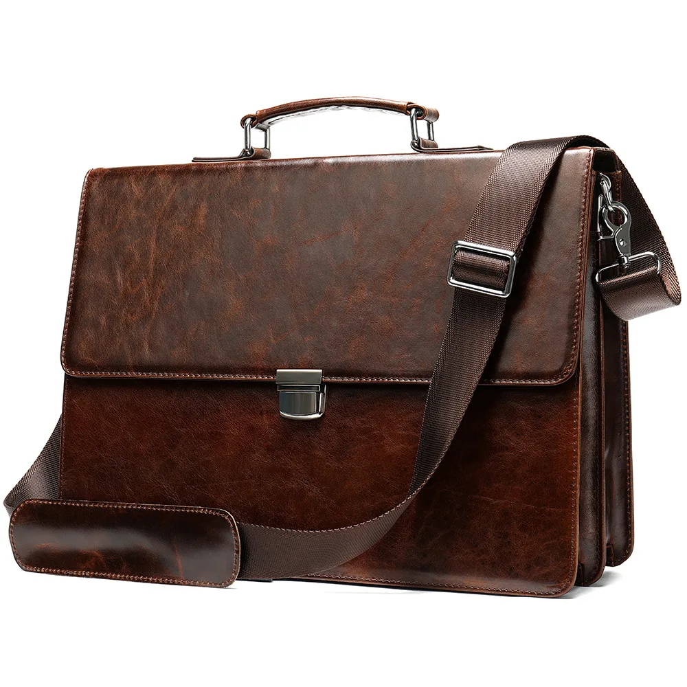 Genuine Leather Business Men's Handheld Briefcase Retro Oil Wax Leather Postman Bag Large Capacity Shoulder Bag Crossbody