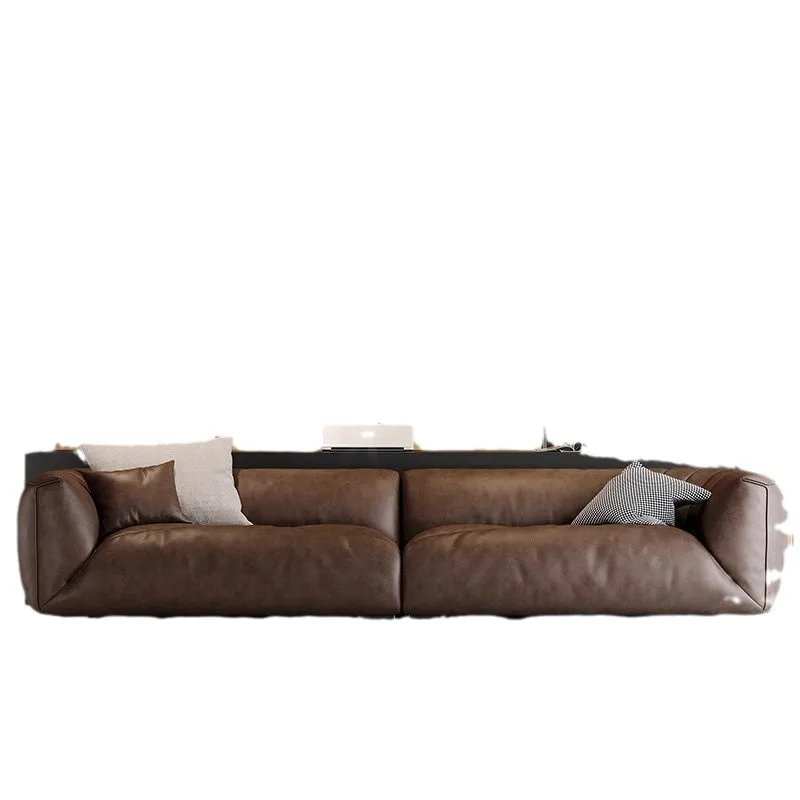 

Retro leather sofa French home minimalist high-end brown first-layer cowhide straight row marshmallow sofa
