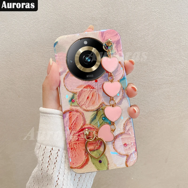 Auroras For Realme 11 Pro 5G Case With Love Bracelets Blu-ray Rhinestone Oil Painting Flower Shell For Realme 11 Pro Plus Cover