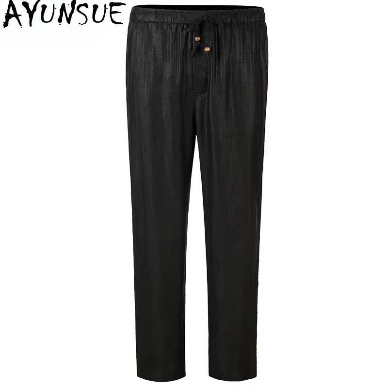 

AYUNSUE 100% Real Mulberry Silk Pants Man Clothing Luxury Watered Gauze Trousers Elastic Waist Black Pants Casual Pantalones