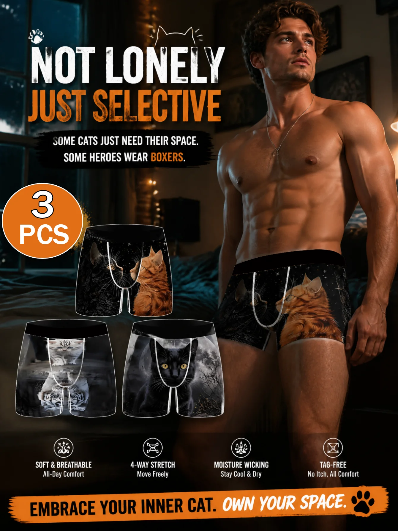 Men 3 Pack Funny Cat Moon Printed Boxer Briefs Soft Touch Breathable Underpants Flexible Fit Novelty Boyfriend Gift