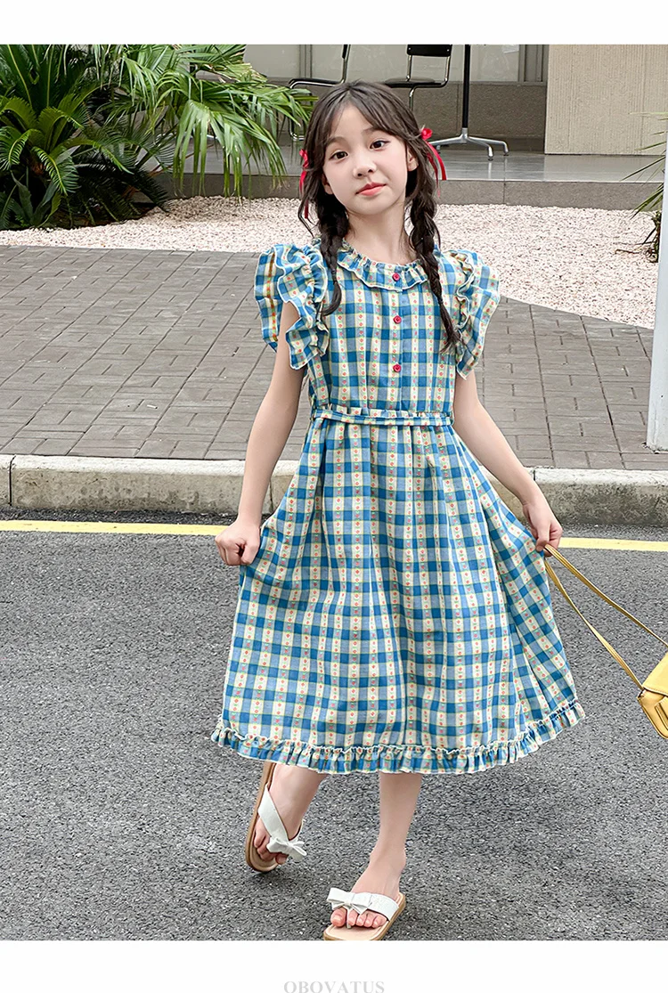 Preppy-Stil Kinder Babyblau Kariertes Kleid mit Blütenärmeln für Mädchen A-Linien-Schulkleider für Teenager Neue Sommerkleidung – Detail 11