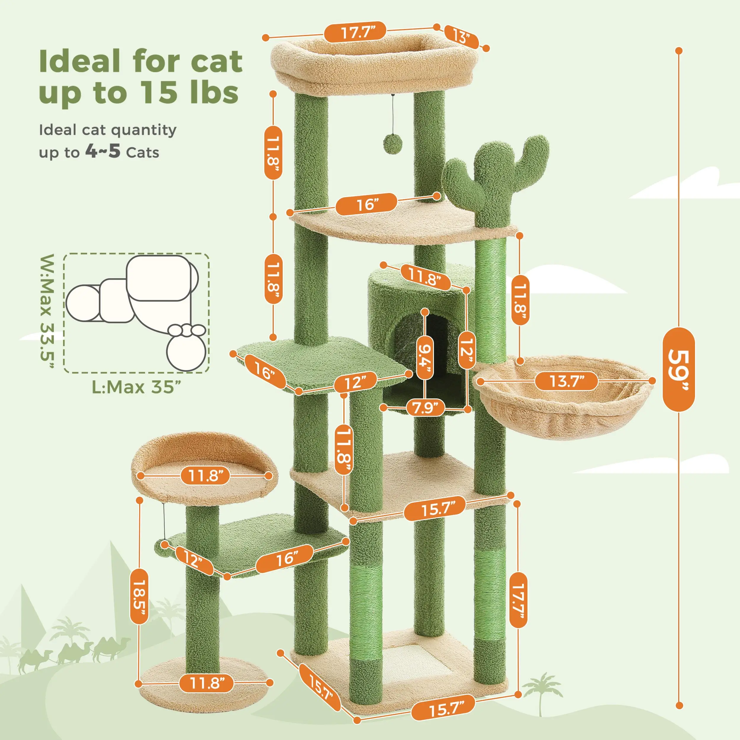 59 Multi-Level Cat Tree for large Cats - Tower with Hammock, Scratching , 3 Pompom Sticks & 2 Perches