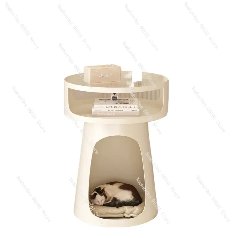 Modern Cream Cat Litter Box Furniture Hidden Side Table for Living Room Bedroom Small Pet House Kennel Cabinet with Storage