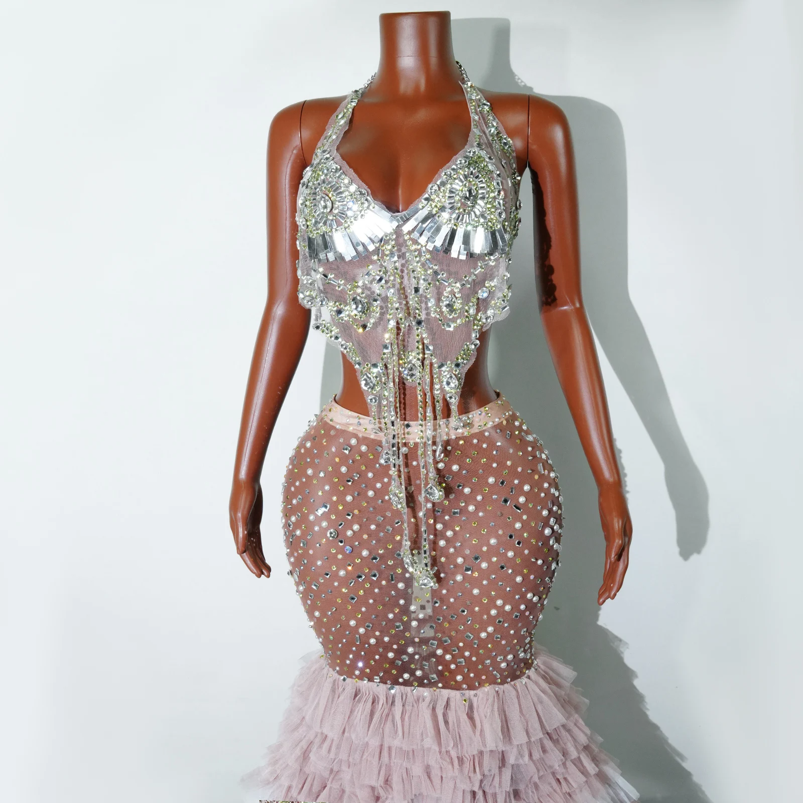 Длинное платье русалки с перьями и жемчугом, сверкающие стразы, женское сценическое платье для вечеринки, дня рождения, выпускного, наряд для фотосессии