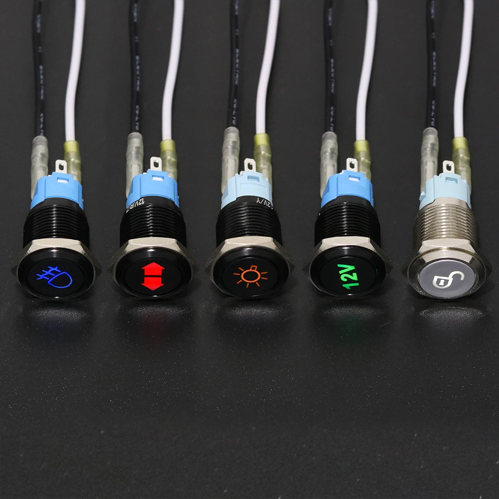 16mm Customization Metal Brass/Oxide Black Push Button Switch Led Lamp 12V24V Fixing/Self-Reset Fan Fog Horn Symbols For Car DIY