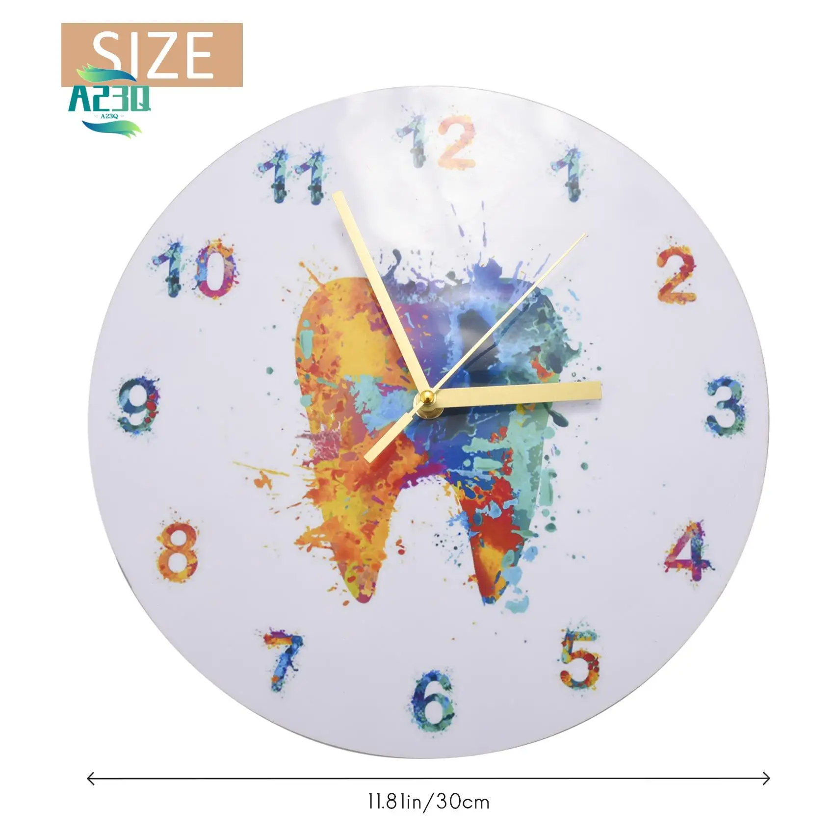 

A23Q-Watercolour Tooth Painting Print Wall Clock Clinic Wall Art Non Ticking Wall Watch Orthodontist Dentist