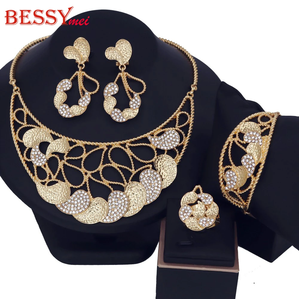 

Dubai African Women Jewelry Set Fine Zircon Big Necklace Large Drop Earring Bracelet Ring Hight Quality Gold Plated Party Gifts