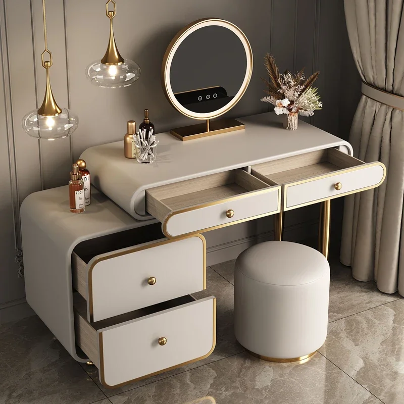 Stainless Steel Vanity Table Nordic Modern Drawers Storage Dressing Table Mirror Lights Coiffeuse De Chambre Bedroom Furniture