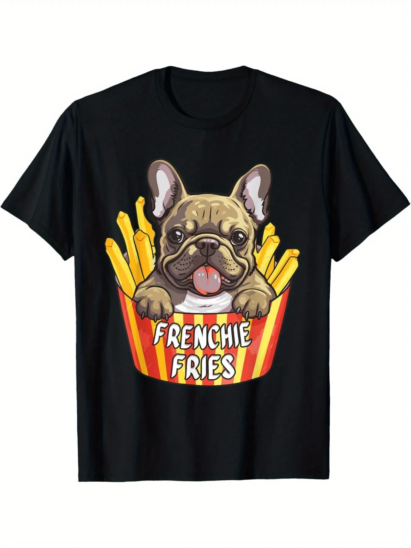 2026 1 French Bulldog Fries T-Shirt - Fun Food Lovers Pattern T-Shirt, Cotton Crew Neck, Short Sleeves, Regular Version, Suitabl